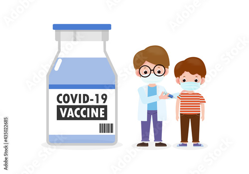 Covid-19 or coronavirus Vaccine,Kids vaccination with pediatrician holding syringe,Doctor hold an injection vaccination children  prevention and immunize,child wearing medical masks to prevent disease