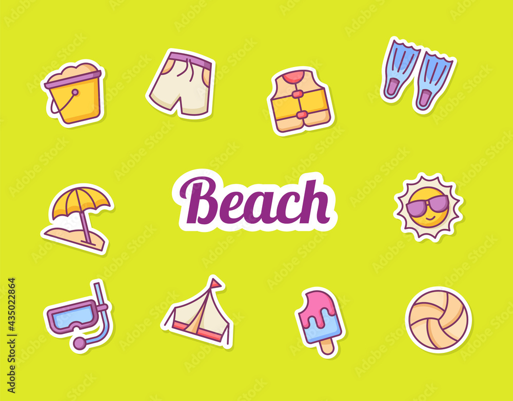 summer sticker icon icons set collection package yellow isolated background with color outline style summer sticker icon icons set collection package yellow isolated background with color outline style
