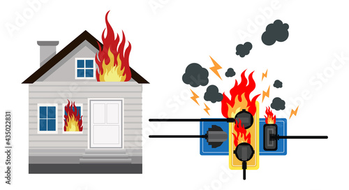 Power plug is full, Short circuit, House fire, Safety first,  Vector Illustration
