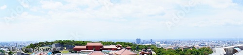 Aerial view of Naha city and sea shore from Shurijo castle in Okinawa  japan. Panorama -                                                