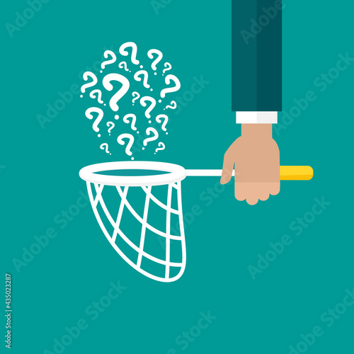 Businessman hand holds butterfly net with questions. Catch, hunt, chase symbol.