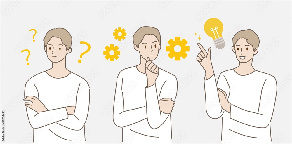 Man thinking with question mark and light bulb icons creative idea process. Concept of innovative ideas, creative thought, creativity and imagination. Hand draw style. Vector illustration. Man thinking with question mark and light bulb icons creative idea process. Concept of innovative ideas, creative thought, creativity and imagination. Hand draw style. Vector illustration.