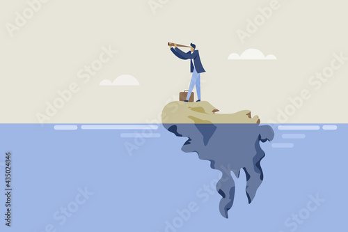 Conceptual illustration of a businessman stranded in an island looking for rescue