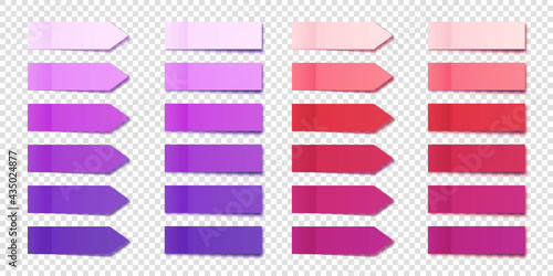 Realistic purple sticky notes collection. Arrow flag tabs. Post note stickers. Colorful sticky paper sheets. Vector illustration.