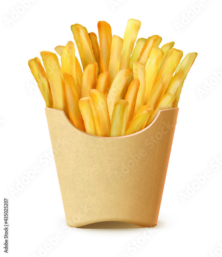 french fries in box realistic vector photo
