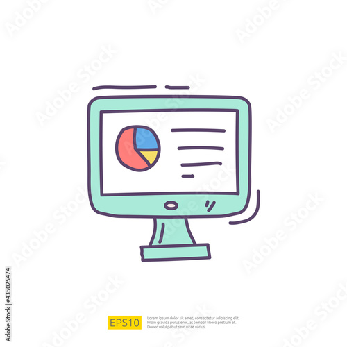 data collection and analysis concept doodle icon with graphic chart on pc screen monitor. Statistics science technology, machine learning process related for business strategy illustration