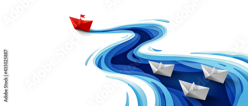 Success leadership concept, Origami red paper boat floating in front of white paper boats on winding blue river, Paper art design banner background