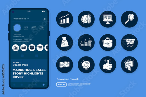 Business and marketing doodle icon illustration set for social media Highlight Stores Cover with solid color style vector illustration