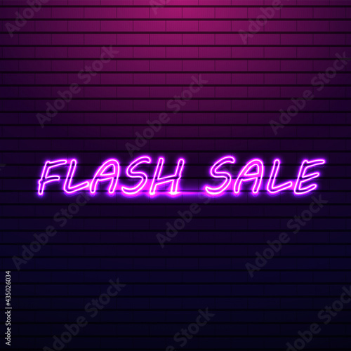 Brick wall with a pink neon flash sale signage. Retro style banner for digital advertising, use it to drive the sale and grab attention with vivid color style.