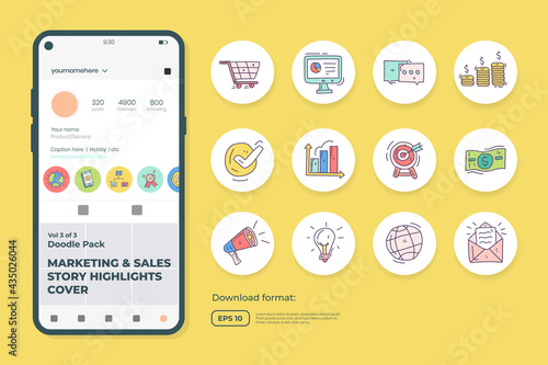Business and marketing doodle icon illustration set for social media Highlight Stores Cover with fill color style vector illustration