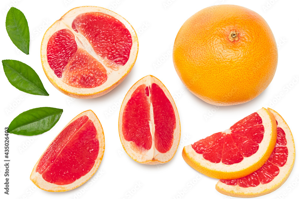 grapefruit with slices and green leaves isolated on white background top view. clipping path grapefruit with slices and green leaves isolated on white background top view. clipping path