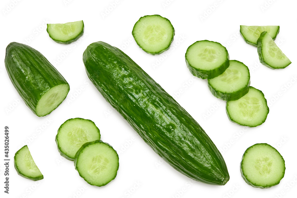 cucumber with slices isolated on white background. clipping path. top view cucumber with slices isolated on white background. clipping path. top view