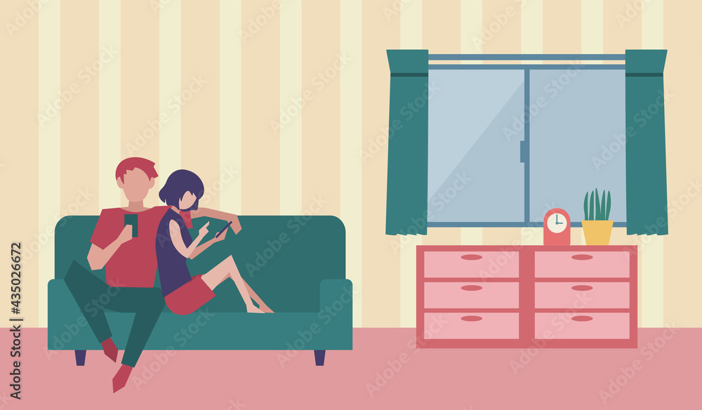 部屋でスマートフォンを操作する男女カップル 人物フラットイラスト デフォルメ Stock Vector Adobe Stock 部屋でスマートフォンを操作する男女カップル 人物フラットイラスト デフォルメ Stock Vector Adobe Stock
