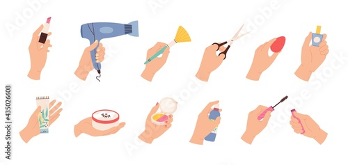 Hands hold cosmetic. Female hairdresser and stylist hand with scissors, hair dryer and beauty products, nail polish and creams, vector set