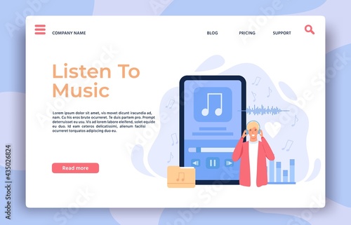 Music app landing page. Man with headphones listening playlist, songs or radio podcast on mobile phone, online audio player vector concept