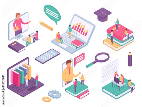 Isometric online education. Virtual class with students, books and teacher on phone screen. Distance school learning from home 3d vector set