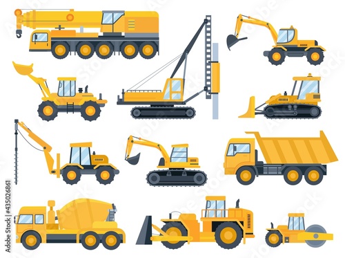Construction machines. Heavy machinery for build, excavator, bulldozer, truck, tractor and crane vehicle. Building equipment flat vector set photo