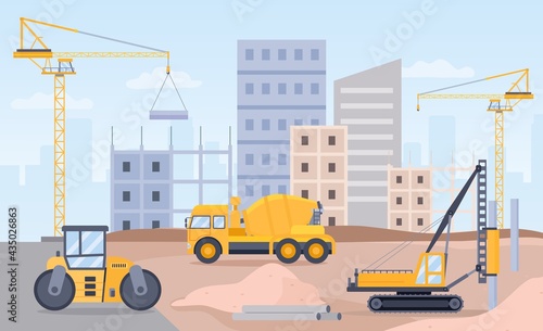 Construction site. Landscape of building process with crane, bulldozer, excavator and concrete mixer machine. City build flat vector concept