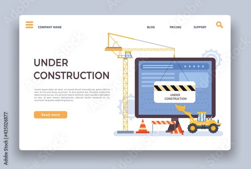 Website under construction. Landing page of developing site with crane, bulldozer and barrier. Webpage building work process vector template