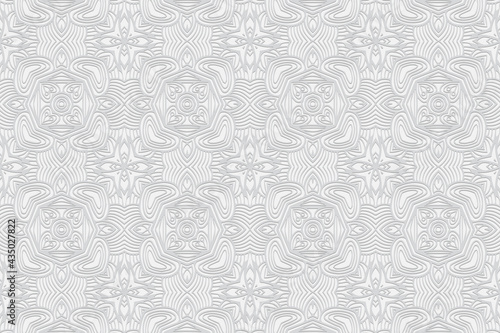 3D volumetric convex embossed geometric white background. Ethnic pattern with national oriental flavor. Elegant ornament with hearts for wallpaper, website, textile, presentation.
