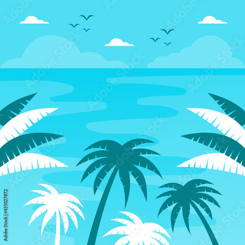 Hand draw illustration of summer background. Tropical plants  flower  beach ball and starfish. Design template for banner  flyer.