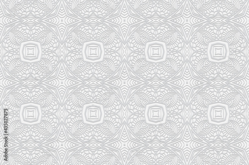 3D volumetric convex embossed geometric white background. Ethnic pattern with national oriental flavor. Beautiful stylish ornament for wallpaper, website, textile, presentation, coloring.