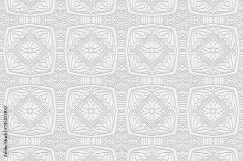3D volumetric convex embossed geometric white background. Ethnic pattern with national oriental flavor. Creative ornament for wallpaper, website, textile, presentation, coloring.