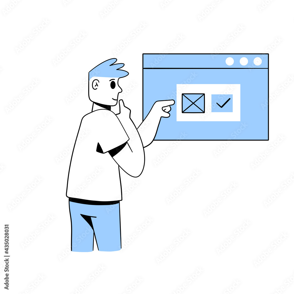 Website development. Error window. Thoughtful man touches chin. Web design. Development and coding programming. Select the Project Template. Website development. Error window. Thoughtful man touches chin. Web design. Development and coding programming. Select the Project Template.