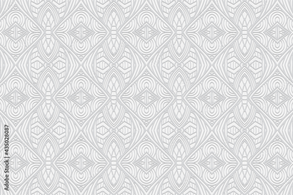 3D volumetric convex embossed geometric white background. Ethnic pattern with national oriental flavor. Original modern ornament for wallpaper, website, textile, presentation.
