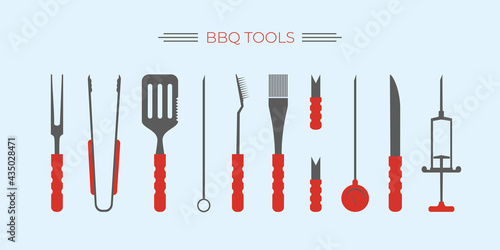 BBQ, barbecue, grill accessories, popular grilling utensils tools set. Thermometer,meat Injector, claws, fork and tongs, spatula,skewer,knife,cleaning brush. Colorful flat isolated vector illustration