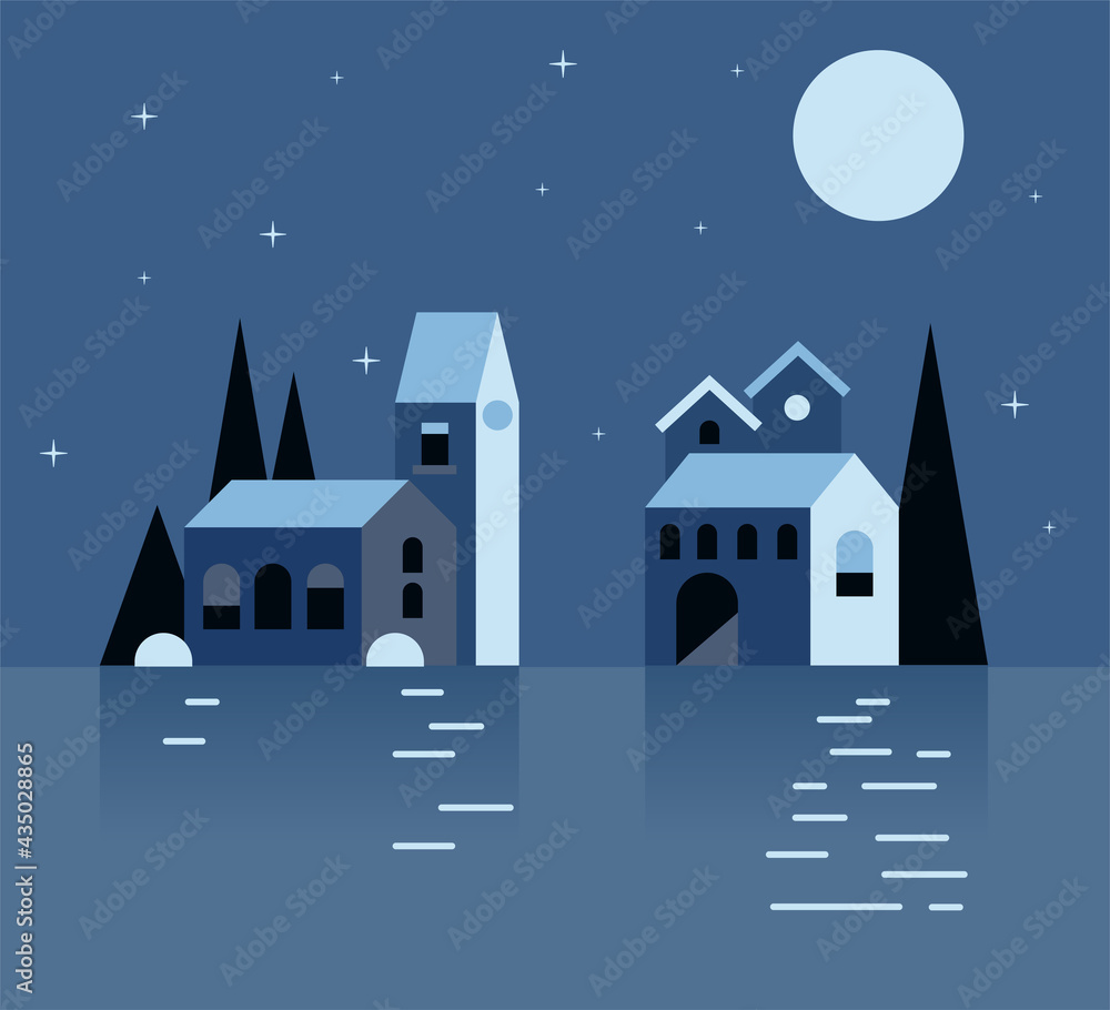 vector illustration, night landscape, small village, farm on the bank of the abstract sea, brightly shine the moon,