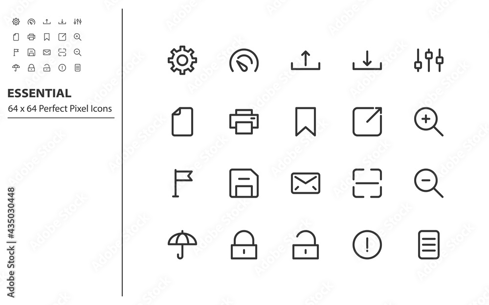 set of essential line icons 64x64px, app, web, social media
