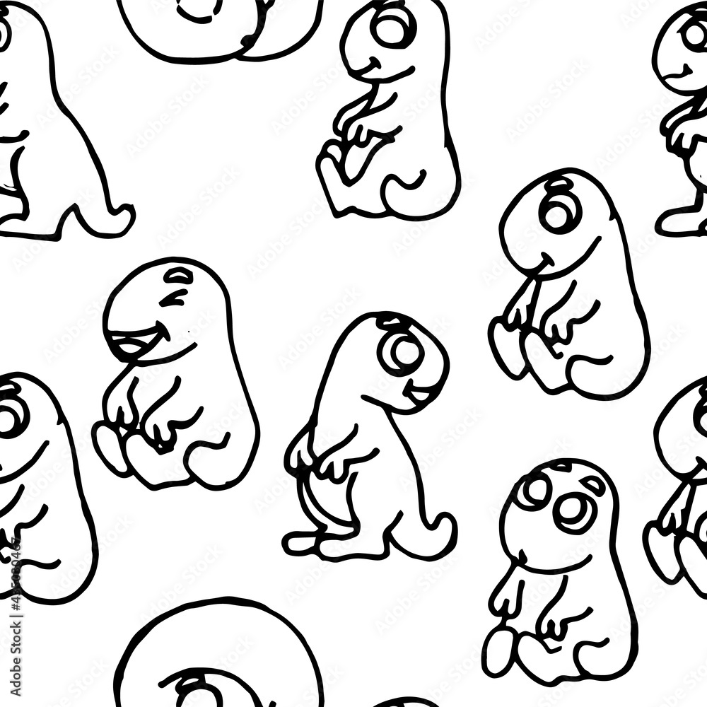 Obraz premium Cheerful funny dinosaur. Seamless dino illustration. Cartoon sketch style. Hand outline drawing of animal. vector