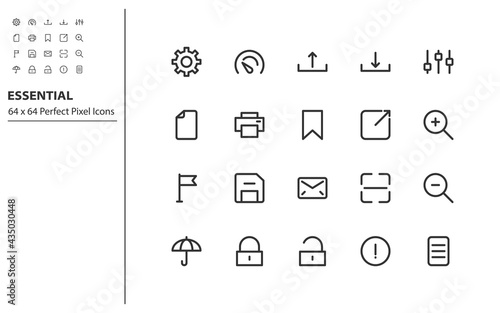 set of essential line icons 64x64px, app, web, social media