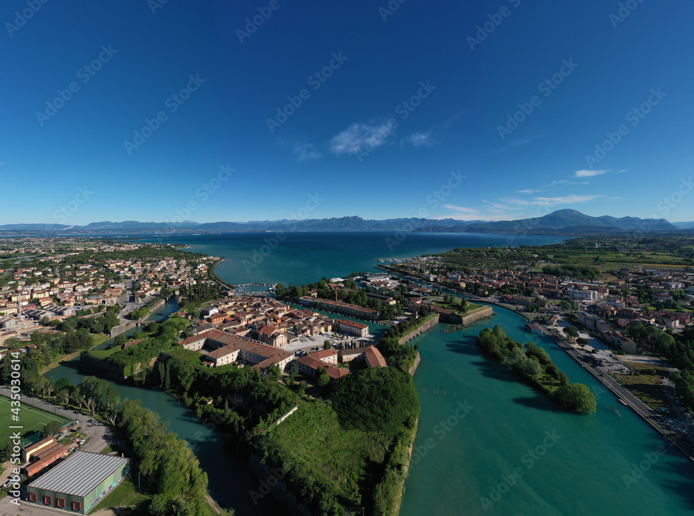 Peschiera del Garda, aerial view of Lake Garda, Italy. Italian city on the water. Water channels in the historic town of Peschiera del Garda.