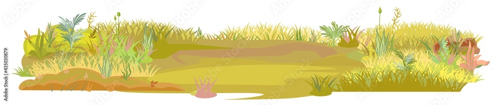 Dense autumn meadow. Area. Herbal yellowing thickets. Grass area. Playground. A place. Beautiful and graceful landscape. Isolated on white background. Flat style. Cartoon design. Vector