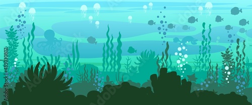 Bottom of reservoir with fish. Silhouette. Blue water. Sea ocean. Underwater landscape with animals, plants, algae and corals. Illustration in cartoon style. Flat design. Vector art