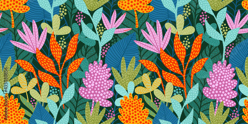 Bright funny seamless pattern with abstract leaves. Vector design