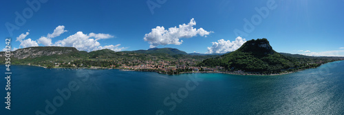Panorama on corno. Aerial view of the city of Garda, Lake Garda, Italy. Top view of the Museum of Lake Garda on the coastline. Vista lago on the coastline.