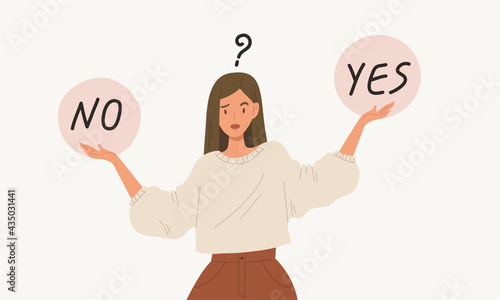 Young girl standing confusedly to choose YES or NO, flat style vector illustration cartoon character. Concept of choice, selection, answer, reply, accept of refuse. Use with advertisement or business.