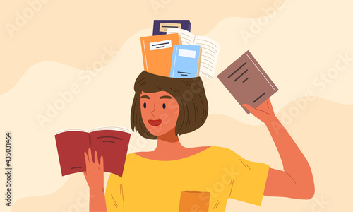 Young female smiling love to read many books. Concept of reading for exam, hobby, knowledge, studying, education, bookworm, smart girl, diligent student. Flat vector illustration.