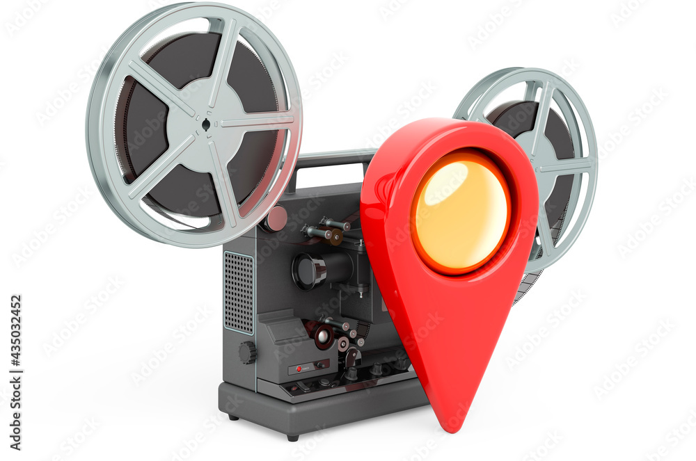 Fototapeta premium Movie theater location concept. Map pointer with film projector, 3D rendering