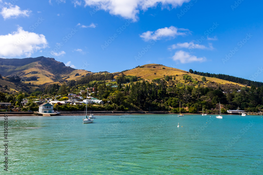 Akaroa Boat Harbour. Akaroa is a small town on Banks Peninsula in the of the South Island of New Zealand.  Travel and landscapes.