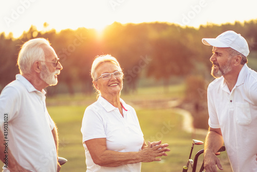 Three seniors golfers talking on golf field.