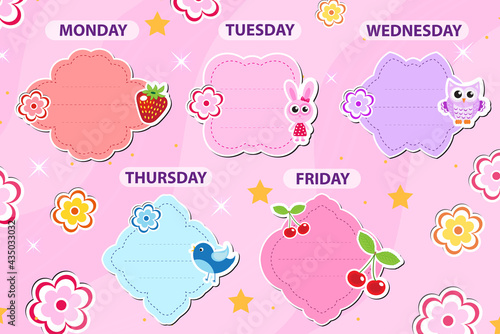 Weekly school timetable template with cute design elements. Weekday planner for kids. vector illustration