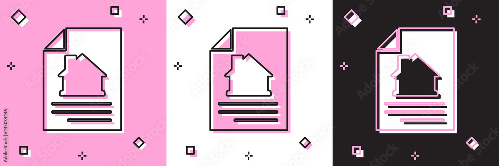 Set House contract icon isolated on pink and white, black background. Contract creation service, document formation, application form composition. Vector Set House contract icon isolated on pink and white, black background. Contract creation service, document formation, application form composition. Vector