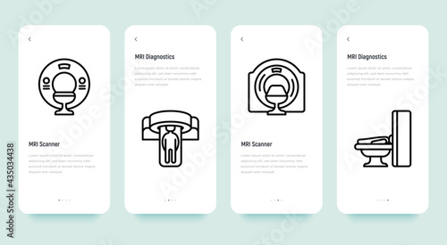 MRI diagnostics mobile user interface with thin line icons. Medical equipment for oncology detection. Pixel perfect, editable stroke. Vector illustration.