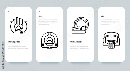 MRI diagnostics mobile user interface with thin line icons. Medical equipment for oncology detection. Pixel perfect, editable stroke. Vector illustration.