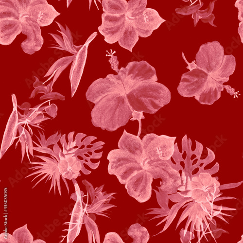Scarlet Hibiscus Textile. Coral Flower Wallpaper. Pink Seamless Set. Red Watercolor Texture. Pattern Background. Tropical Painting. Exotic Wallpaper.Nature Foliage.