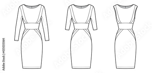 Set of Dresses panel tube technical fashion illustration with hourglass silhouette, long elbow sleeves, fitted body, knee length skirt. Flat apparel front, white color style. Women, unisex CAD mockup